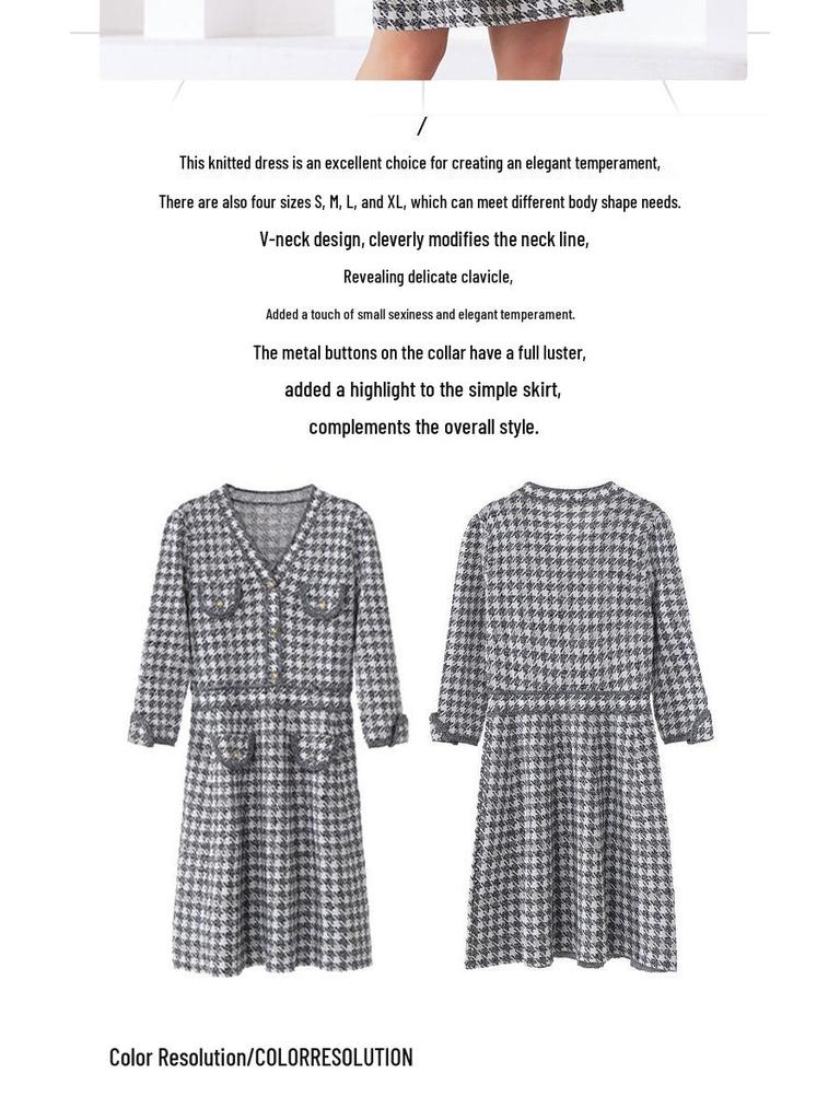 2025 Fall/Winter Retro European & American Houndstooth V-Neck Mid-Length Knitted Dress