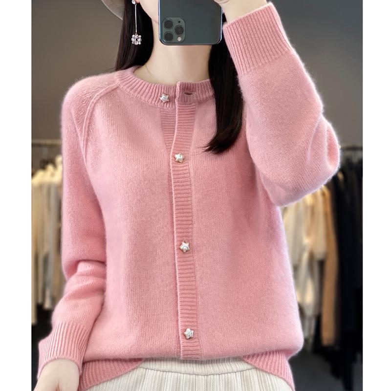 2023 Fall/Winter Women's Wool Cardigan: Stylish Round Neck, Loose Fit, Versatile Knitwear, Long Sleeve Sweater