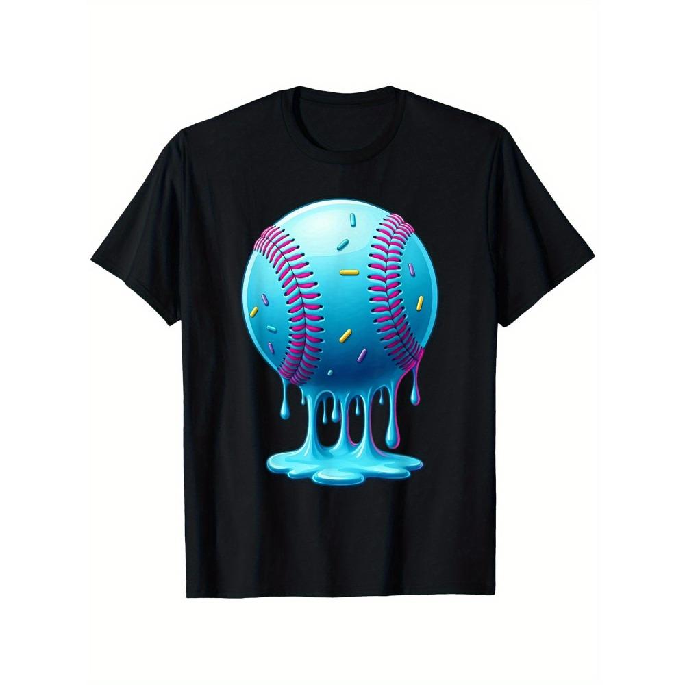 Dripping Blue Baseball T shirt Colorful Sprinkle Covered Dripping Baseball Graphic Casual Round Neck Short Sleeve Tee Sports S разноцветный
