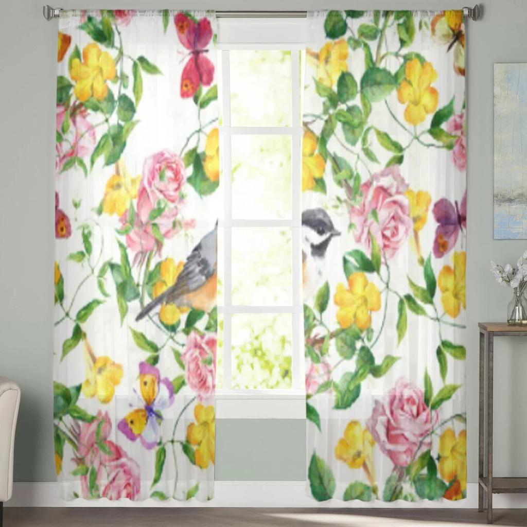 Yellow Flower And Butterfly Sheer Curtains For Living Room Modern Fashion Valance Curtains For Kitchen Tulle Curtains