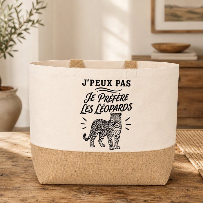Sac J’peux pas je préfère les Léopards J'peux pas minimaliste | Cabas en Coton avec Fond Jute 18 L 48 × 37 × 13 cm | Marché