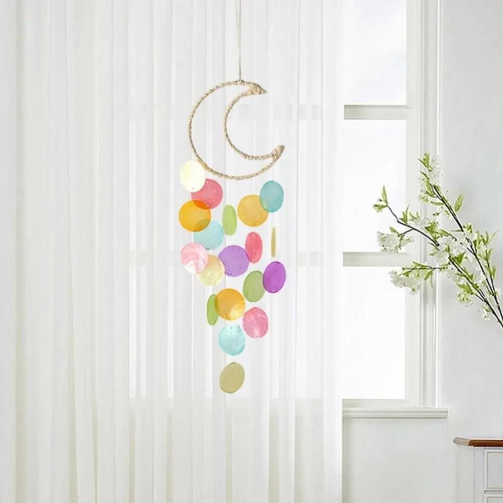 Hanging Shell Moon Wind Chimes Natural Shell Circle Shell Dream Catchers Home Decoration With Crisp Ringtones Shell Pendant