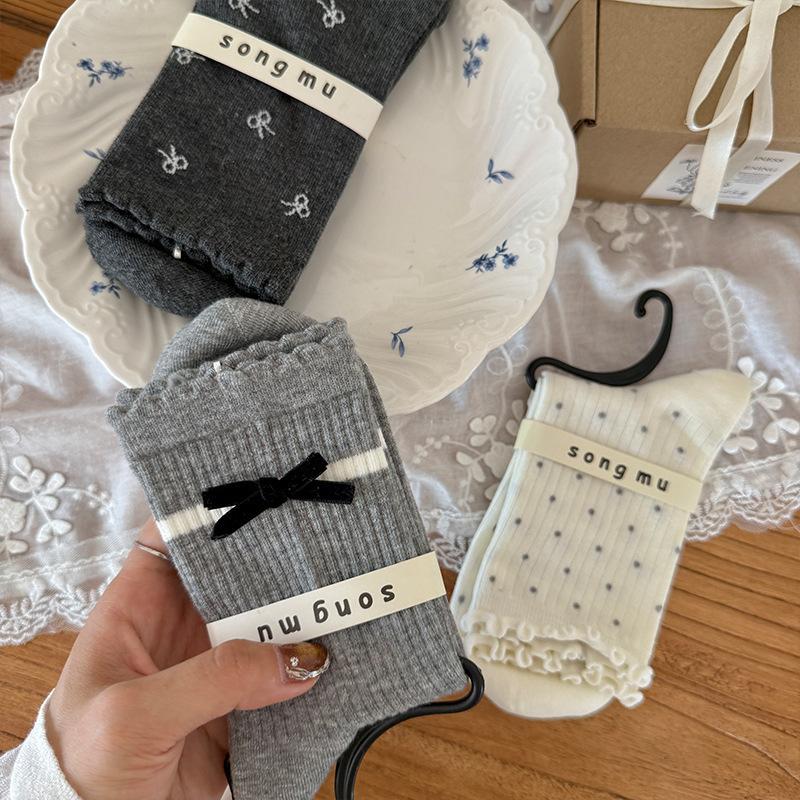 Songmu Gray Series "Boneless Socks, Middle Socks, Korean Girl Bow Tie Pile Socks