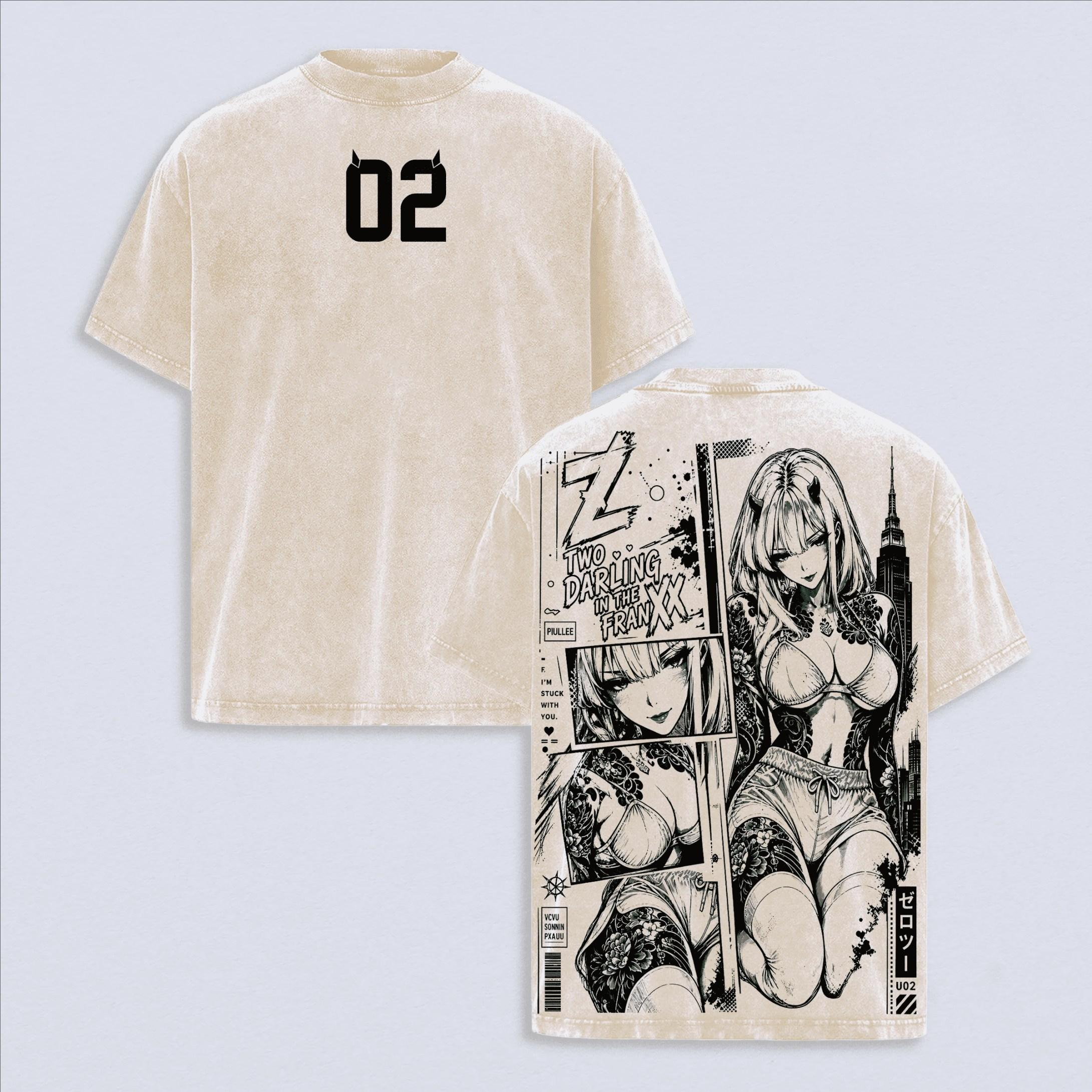 Anime Zero Two T-Shirt DARLING In The FRANXX Vintage Gewaschenes T-Shirt Sommer Kurzarm 100% Polyester T-Shirts Streetwear Herren Kleidung M