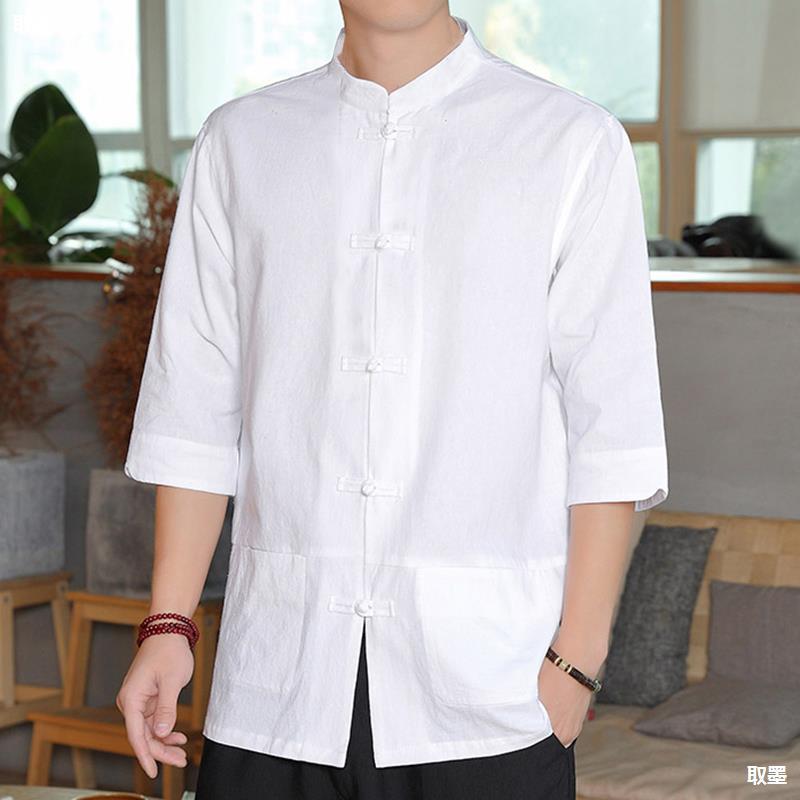 Cotton Linen Men's Shirt Five-Quarter Sleeve Breathable Sweat Loose Fit Collarless Short Sleeve