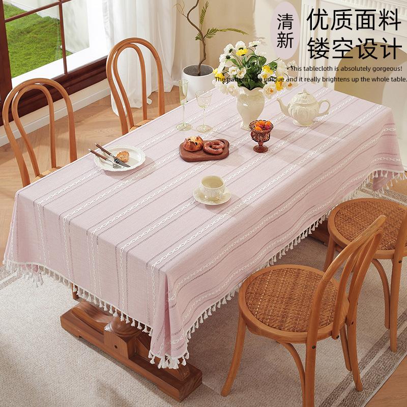 Fabric Dining Table Cloth European Striped Jacquard Hollow Cotton And Linen Tablecloth Coffee Table Tablecloth Nordic Style