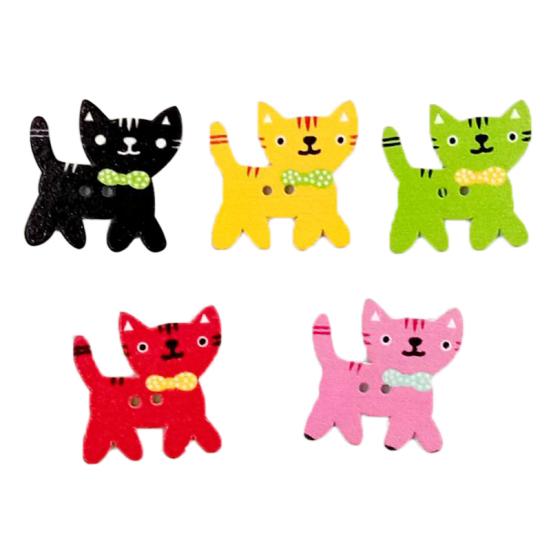50 Pcs Mixed Color Cute Cat Kitten 2Holes Wood Sewing Buttons