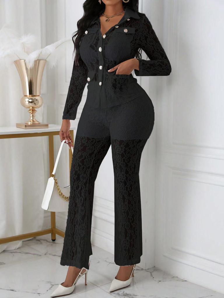 2026 Spring Lace Lapel Suit: European & American Style, Long Sleeve & Pants