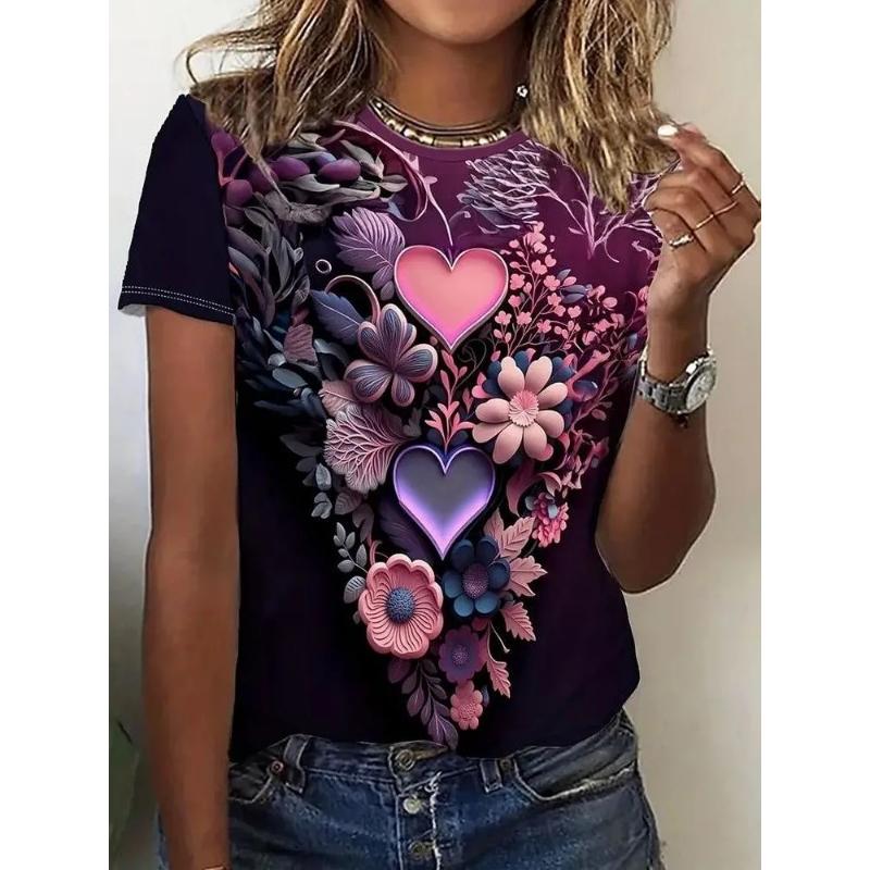 Modisches Damen Rundhals Kurzarm 3D Lässiges Farbprint Lässiges Kurzarm Rundhals T-Shirt