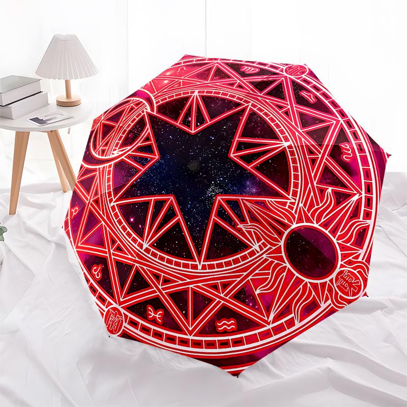 Enchanted Red Star Mandala Sticker: Mystical Design Umbrella, Portable 3-Fold Umbrella for Men & Women,Christmas Gift ES300
