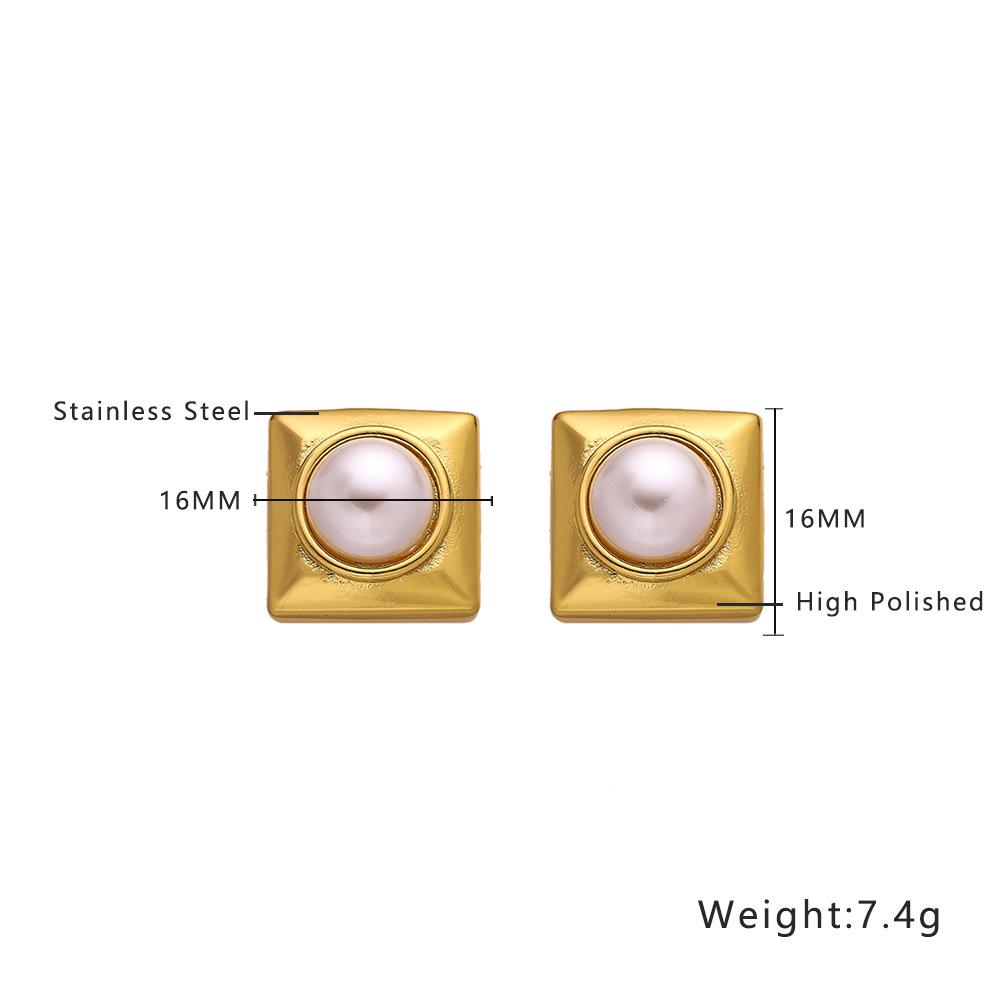 High-End European & American Style Retro Gold Pearl Titanium Steel Square Earrings