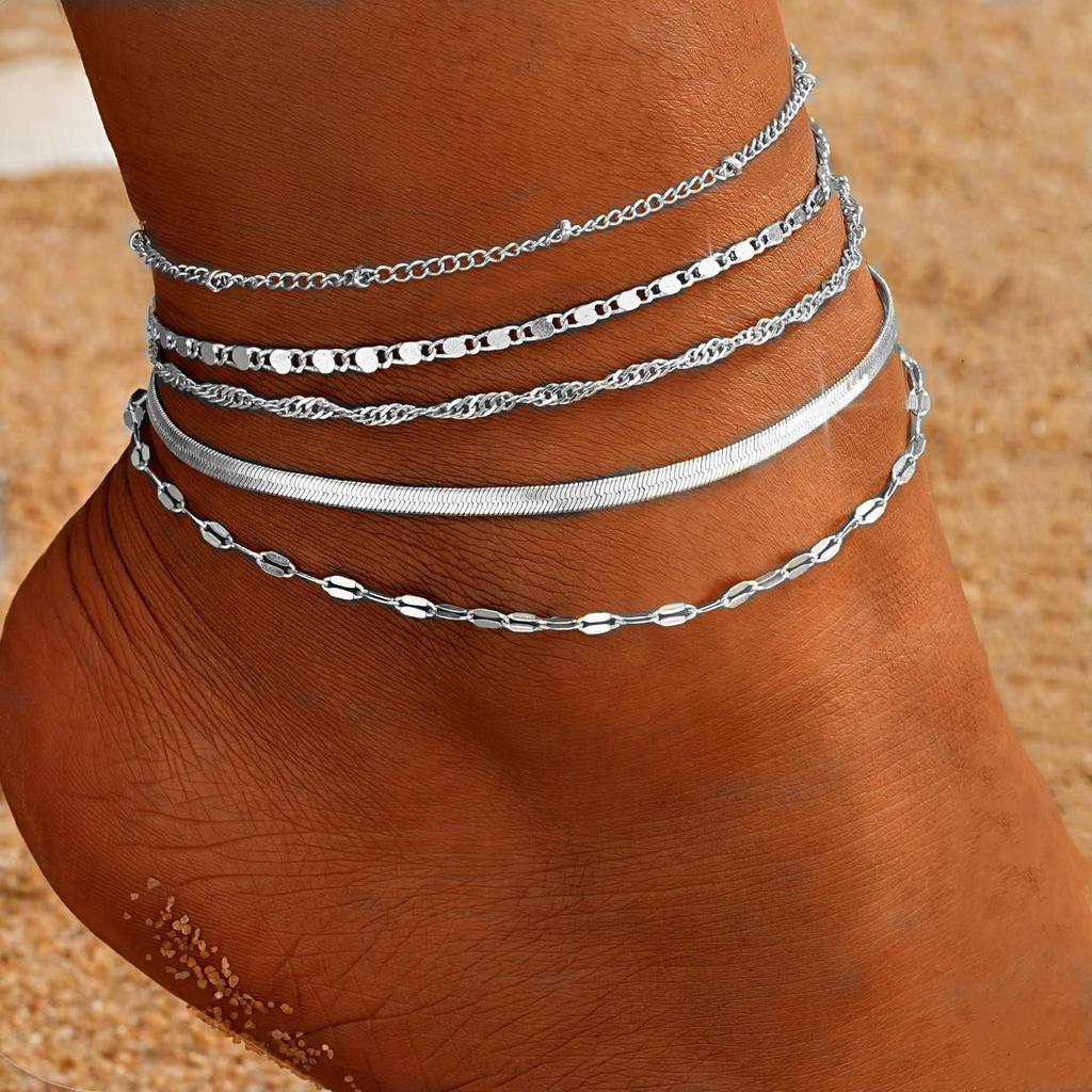 European & American Retro Cuban Link Anklet Set - 5 Pieces