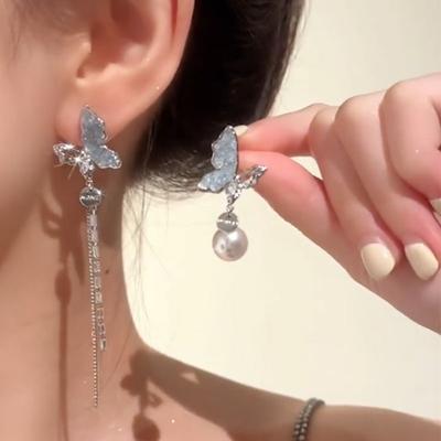 Boucles d'oreilles asymétriques en argent 925 avec aiguille, papillon bleu à franges, boucles d'oreilles puces longues en perles, bijoux d'oreille pour femmes, tempérament haut de gamme