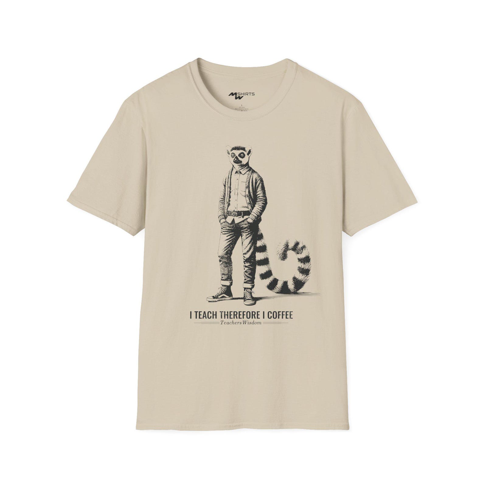 Teacher Lemur T-Shirt: I Teach Therefore I Coffee, Engraving Style L