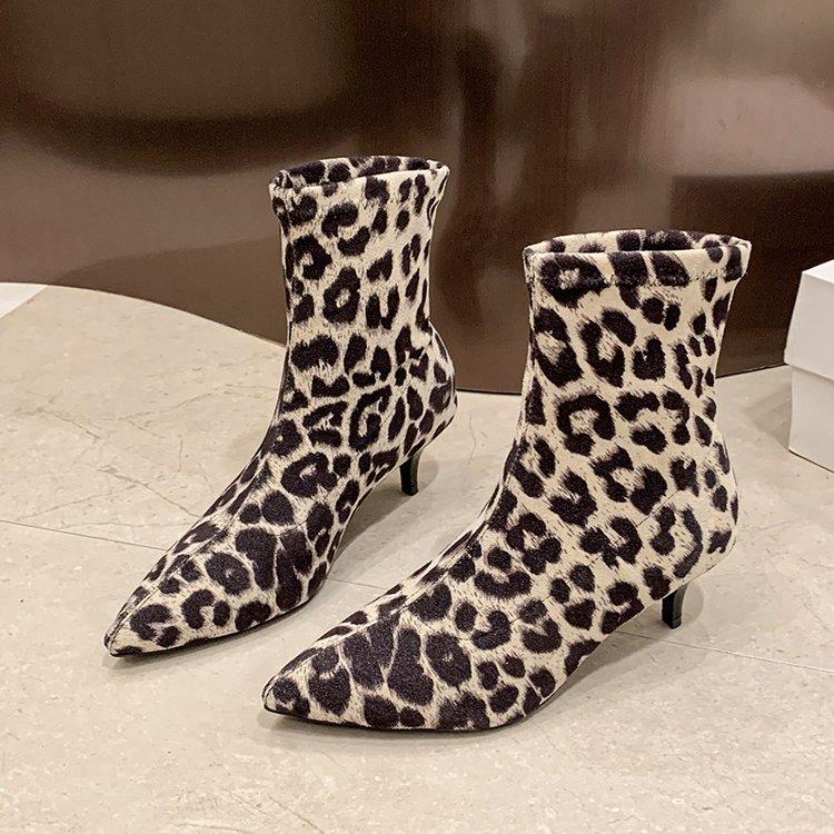 Toe Stiletto Pointed Ankle Boots Fashion Boots Spring Autumn Print Leopard Side Zipper Large Size Mid Heel Ankle Boot Women