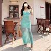 Dopamine Mesh Printing Suspender Dress Women's Summer Lace Splicing Sexy Backless Vacation Style Hip-wrapped Fishtail Dress