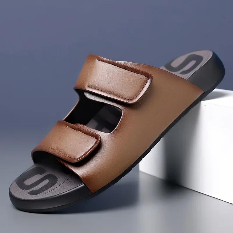 FashionSummer Fashion Leather Slippers for Men Outdoor Beach Men's Sandals Designer New Hollow Soft Soled Slip-on Flip Flops Shoes Male