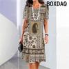 Summer Woman's Short Sleeves Dresses Geometric Pattern Print A-Line Dress 3D Retro Elegant Holiday Loose Dress Big Size Vestidos