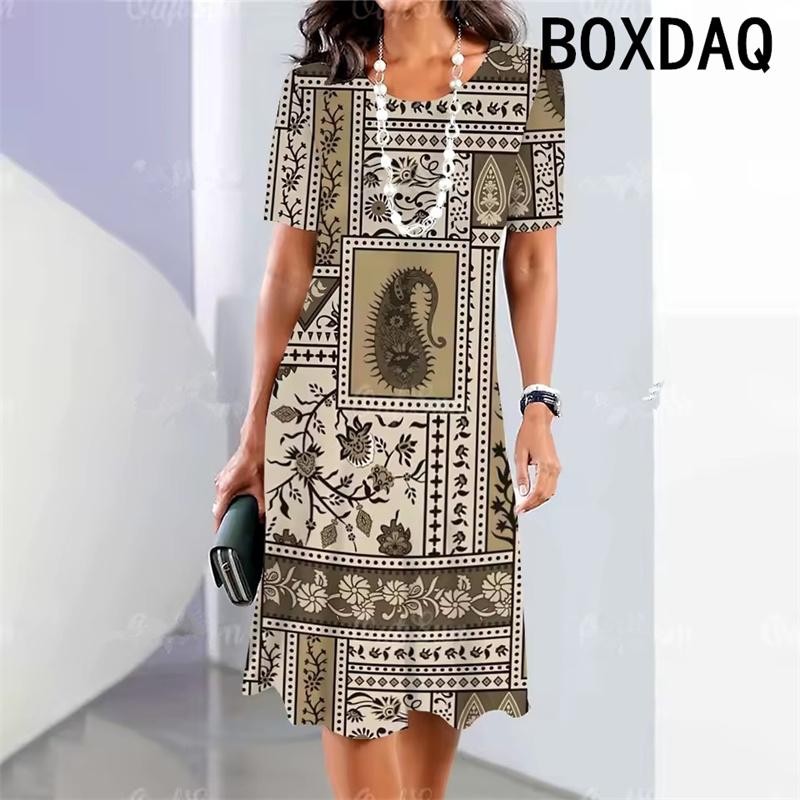 

Summer Woman s Short Sleeves Dresses Geometric Pattern Print A-Line Dress 3D Retro Elegant Holiday Loose Dress Big Size Vestidos XL