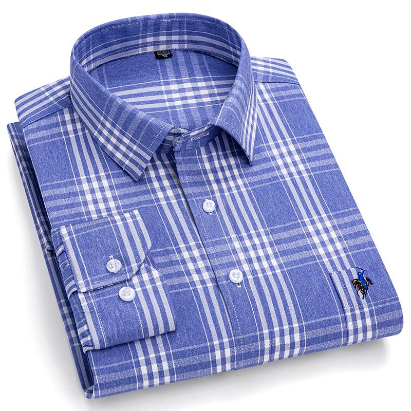 Pure Cotton Plaid Shirts for Men Logo Long Sleeve Quality Formal Business Man Shirt
