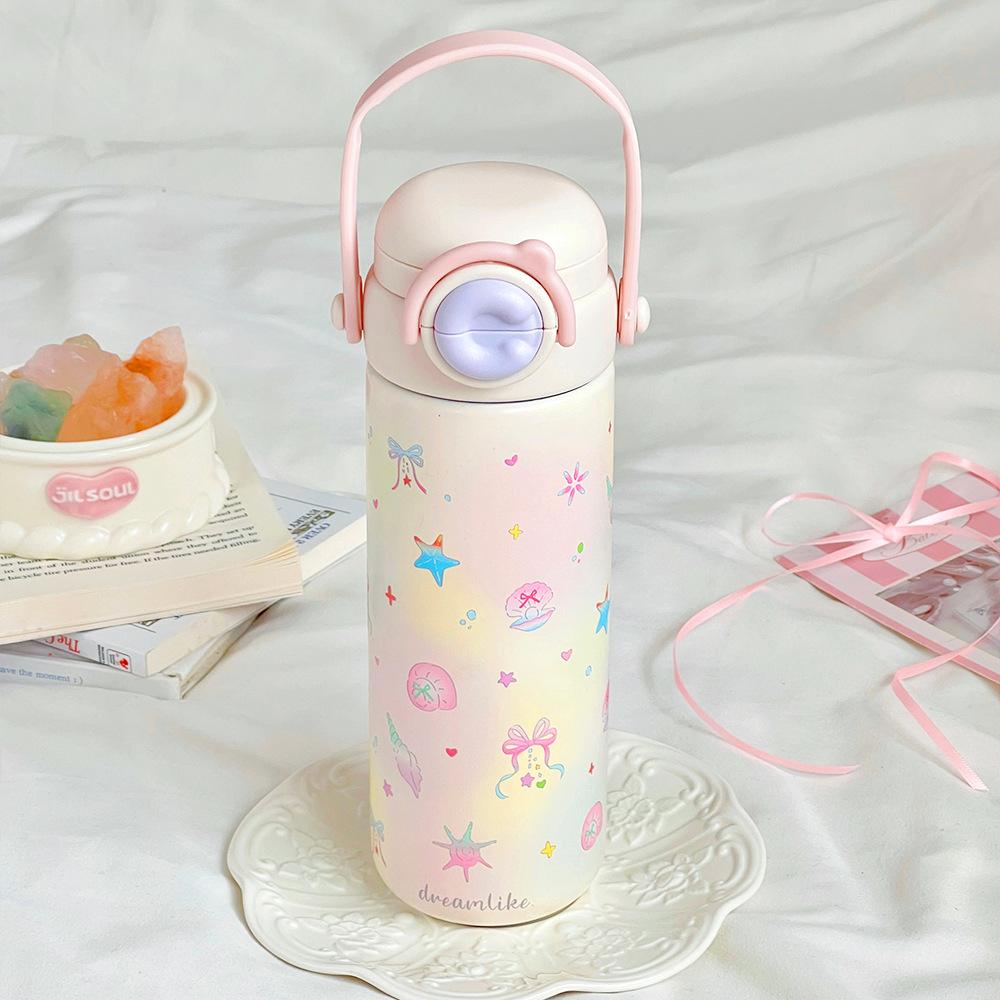 Cute and sweet girl thermos cup convenient cartoon straw cup office home student 316 stainless steel cup
