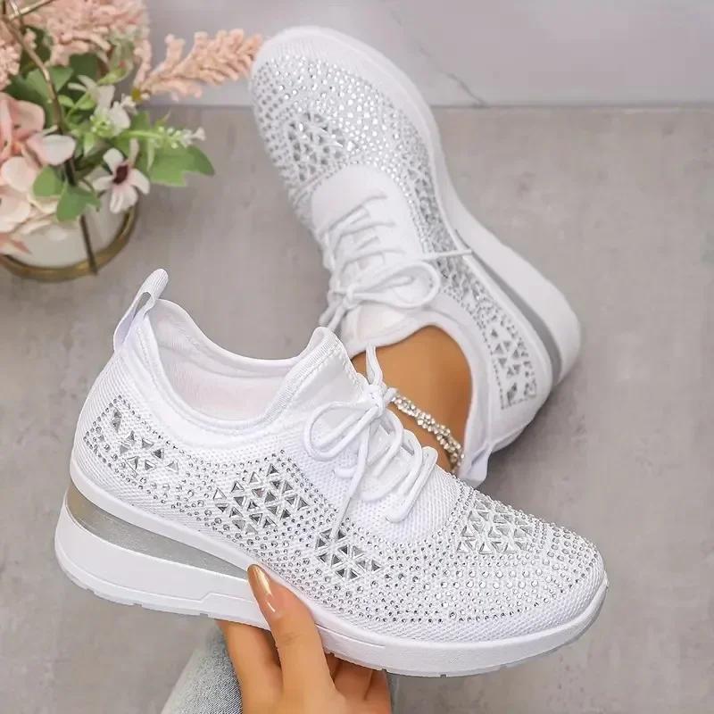Fashion Women's Hot Pink Crystal Knitted Sneakers Autumn 2025 Shiny Rhinestone Wedge Heels Vulcanize Shoes Woman Platform Casual Shoes