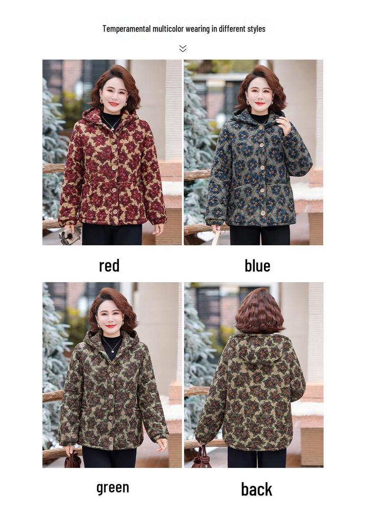 Women's Winter Hooded Cotton Jacket: Thickened, Padded Coat for Middle-aged and Elderly Mothers and Grandmothers.