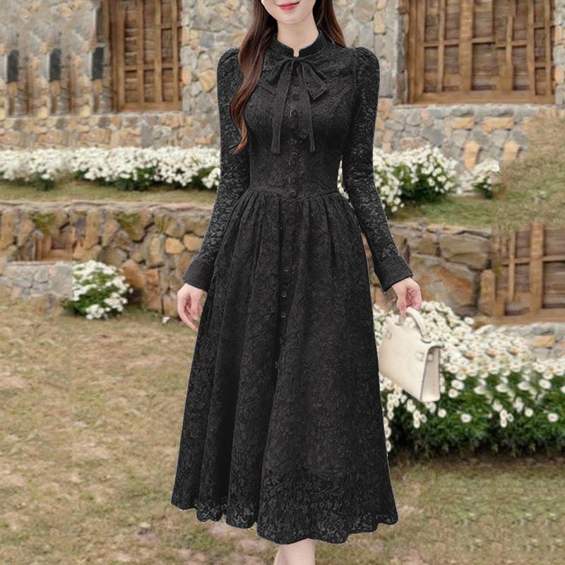 ZANZEA Women Elegant Lace Patchwork Casual Stand Collar Long Sleeve Dress M чёрный