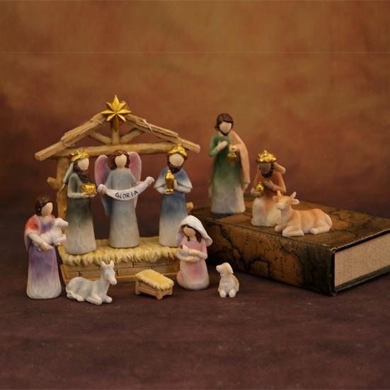 12Pcs LED Nativity Scene Set Resin Christmas Manger Angel Figurines with Star Light Holiday Tabletop Decor for Home Church