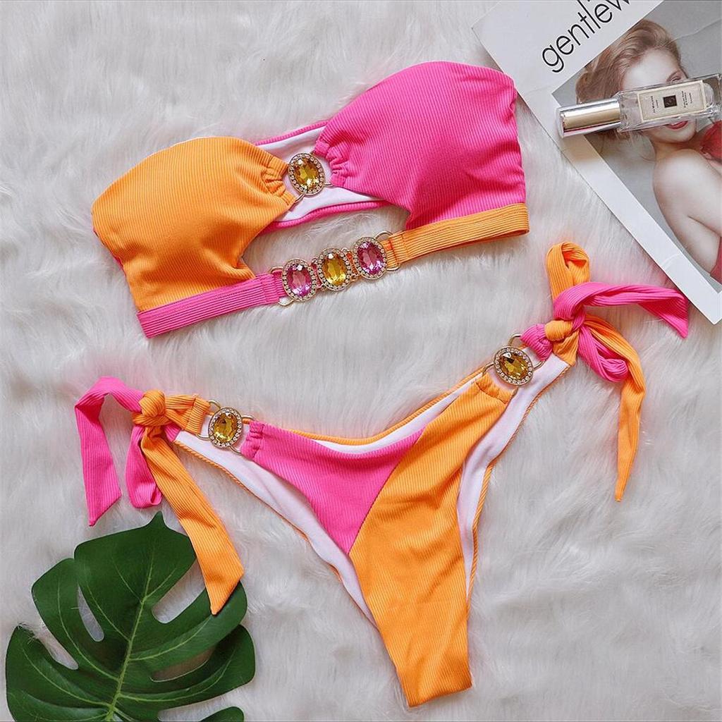 Diament Rhinestone łączenie Bandeau Bikini damski strój kąpielowy kobiety stroje kąpielowe dwuczęściowy zestaw Bikini kąpiel strój kąpielowy pływać