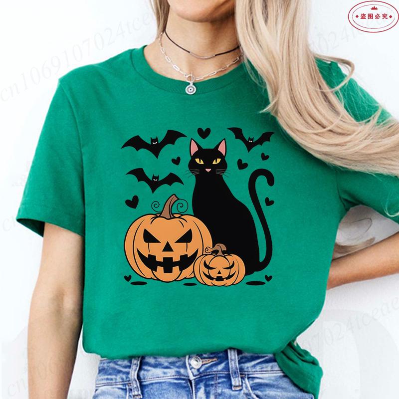Black Cat Halloween Print Unisexs Summer Tshirt Casual Clothing Oversized Y2k Personality Short Sleeve Tops Spooky Season Tees