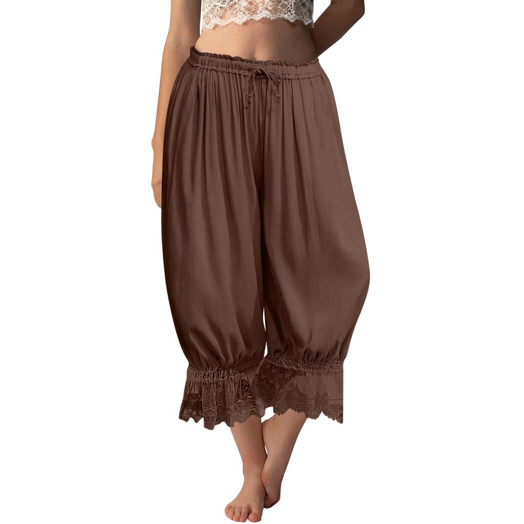 Damen Spitzenbesetzte Lange Rüschen Vintage Weitbein Hose Sommer Strand Reise Urlaubshose