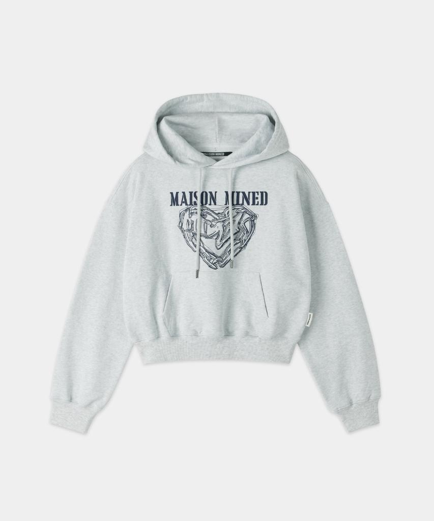 (W) Doodle Heart Crop Hoodie Melange White