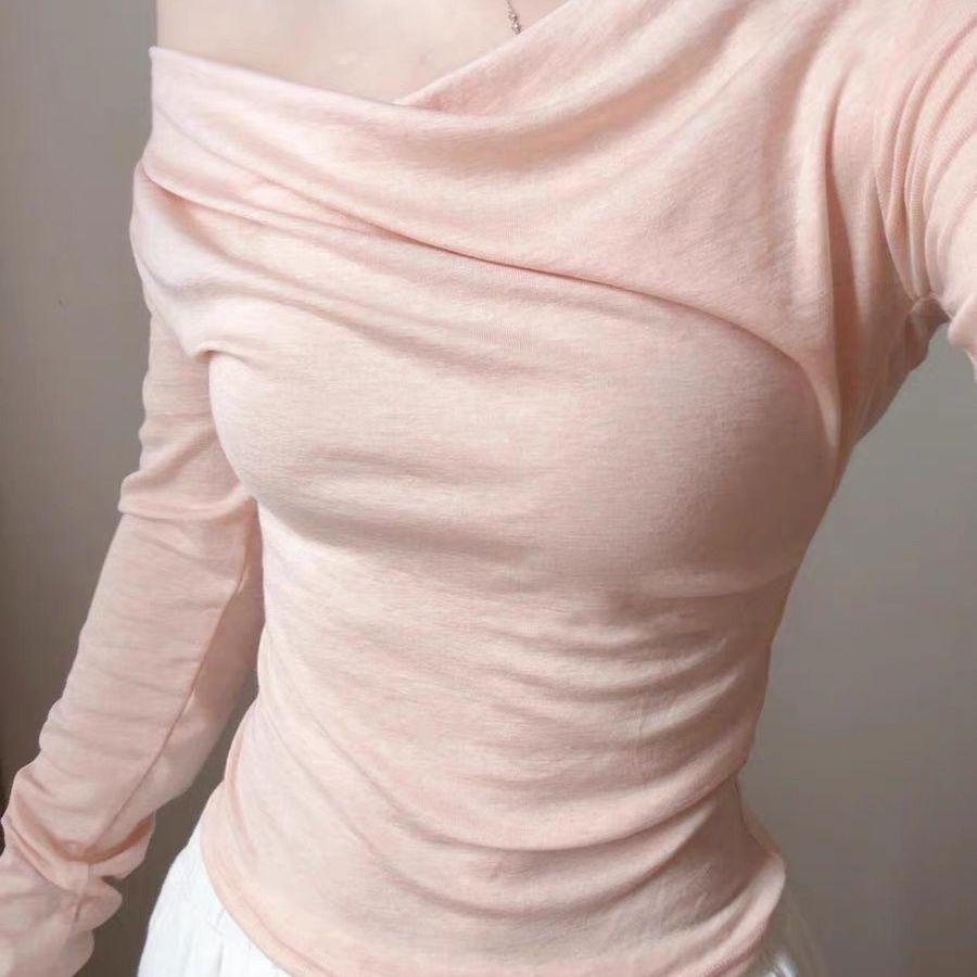 

White One-Shoulder Slim Fit Long Sleeve Cropped Top for Women - Autumn 2025 Design S (weight 80-95lbs) розовый