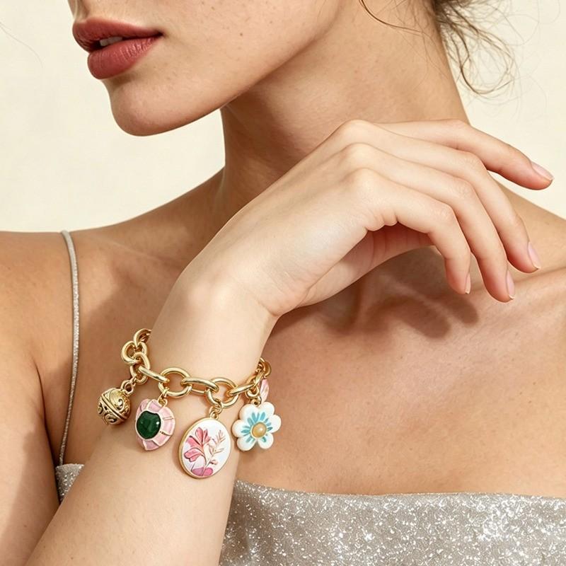 Bohemian Enamel Floral Geometric Colorful Pendant Bracelet for Women Elegant Resort Jewelry with Artistic Vibe Perfect Vacation Accessory PD2695
