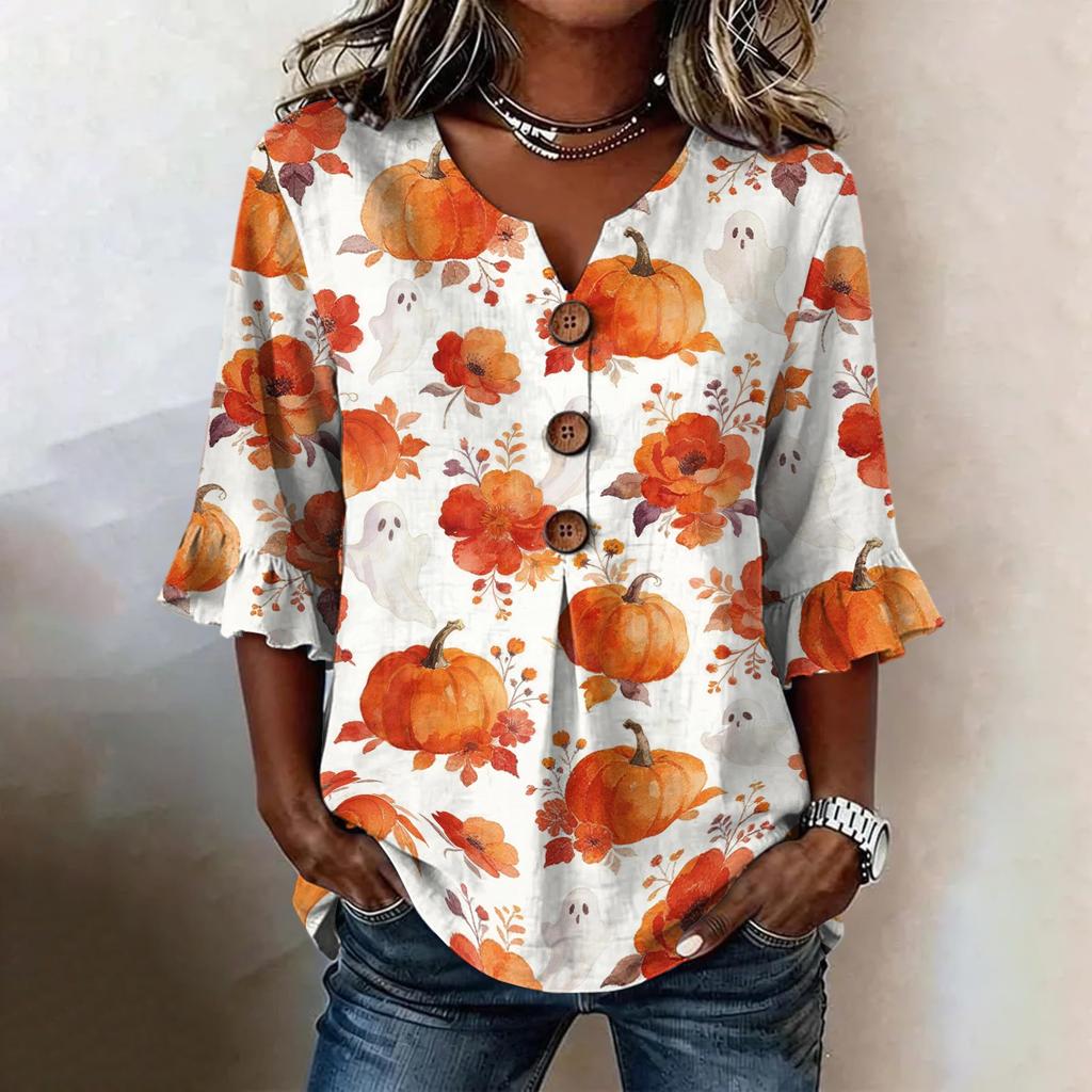 Women's Casual Button Front V-Neck Halloween Print Loose Fit Ruffled Sleeve Blouse