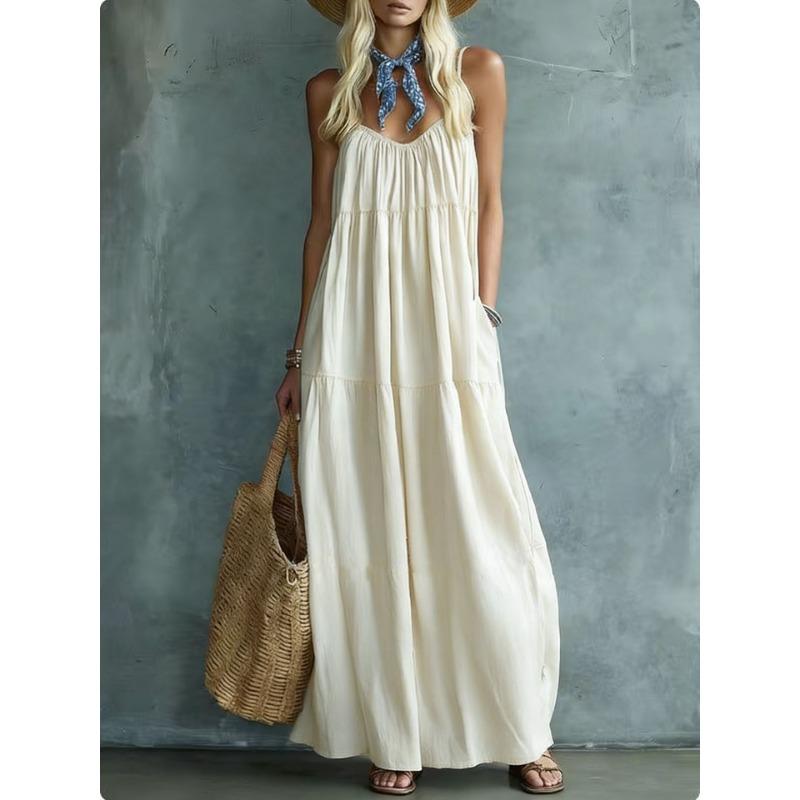 Women Summer Boho Spaghetti Strap Tiered Maxi Dress, Loose Flowy Pocket Solid Sundress, Lightweight Blend Fabric Casual Beach Resort Vacation Dress