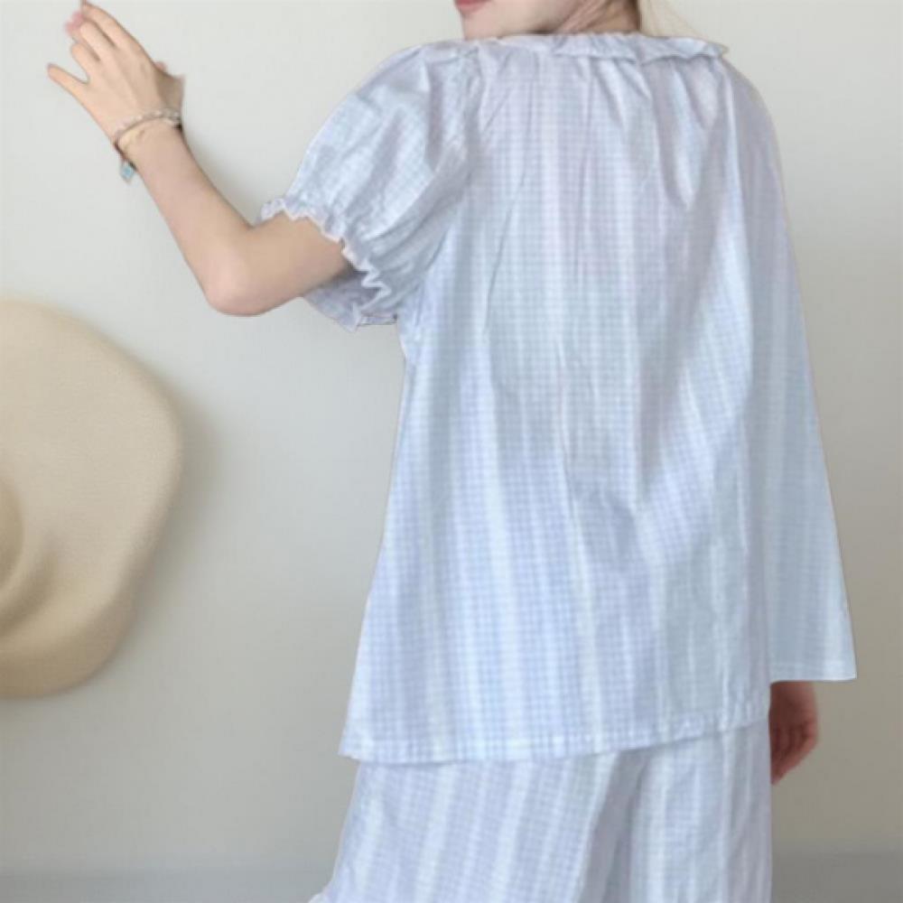 New Arrivals Open Run Women Check Frill Short Sleeve Shorts Pajama Set