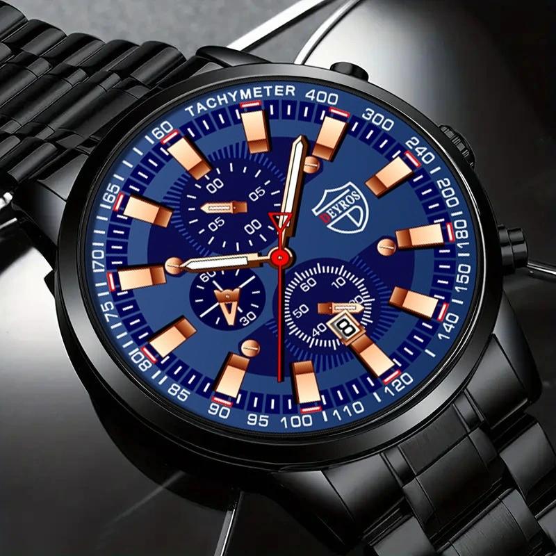 3 szt./zestaw 1 szt. Modny męski kalendarz sportowy ze stali nierdzewnej Kwarcowy zegarek i 1 szt. męska bransoletka i 1 szt. męski naszyjnik