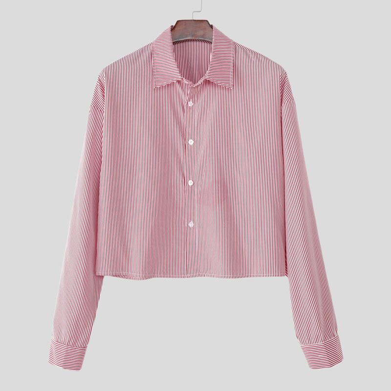 

INCERUN Мужские повседневные свободные рубашки кроп-топы с лацканами и полосатым принтом с длинными рукавами 5XL красный