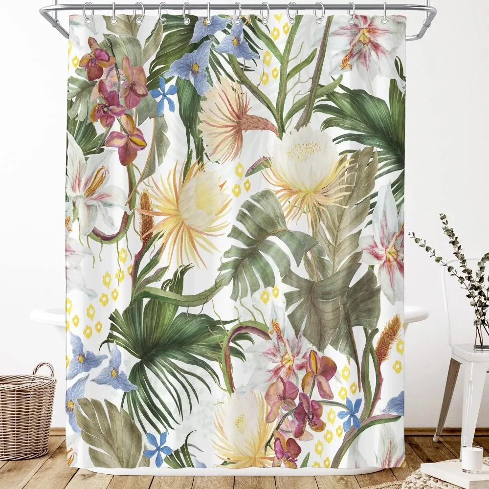 Rideau de Douche Fleur Aquarelle, Fleur de Prunier Vintage Plante Tropicale Feuille Verte Élégance Oiseau, Ensemble Décoration Salle de Bain Avec Crochets