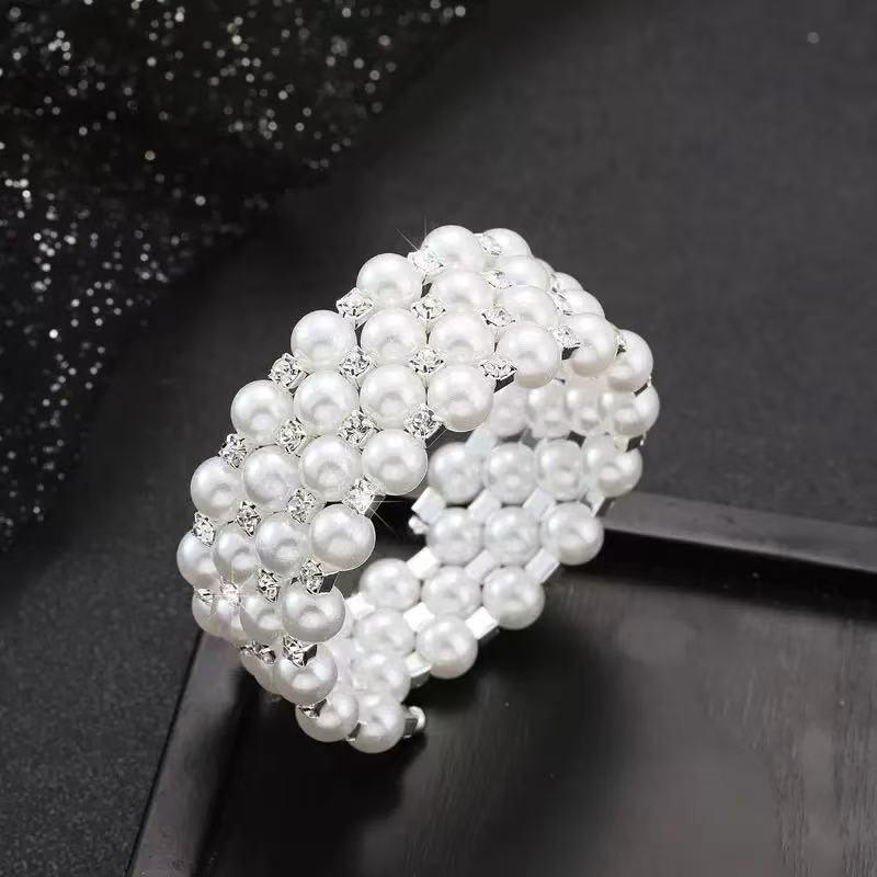 Multi-layer Pearl & Rhinestone Elastic Bracelet - Bridal Open Wrap Design