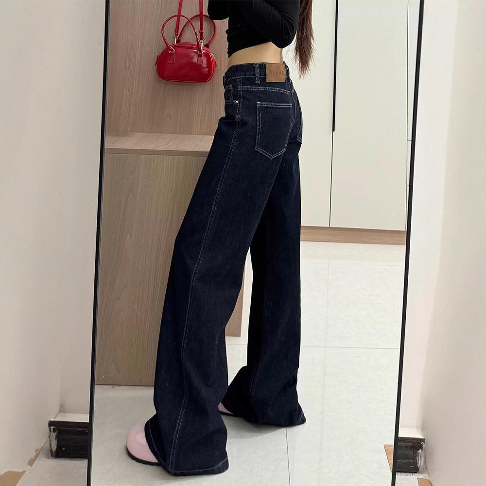 Women's Retro Dark Wash Low Waist Micro Flare Jeans - Autumn 2025 Collection, Loose Fit, Drapey, Floor-Length.