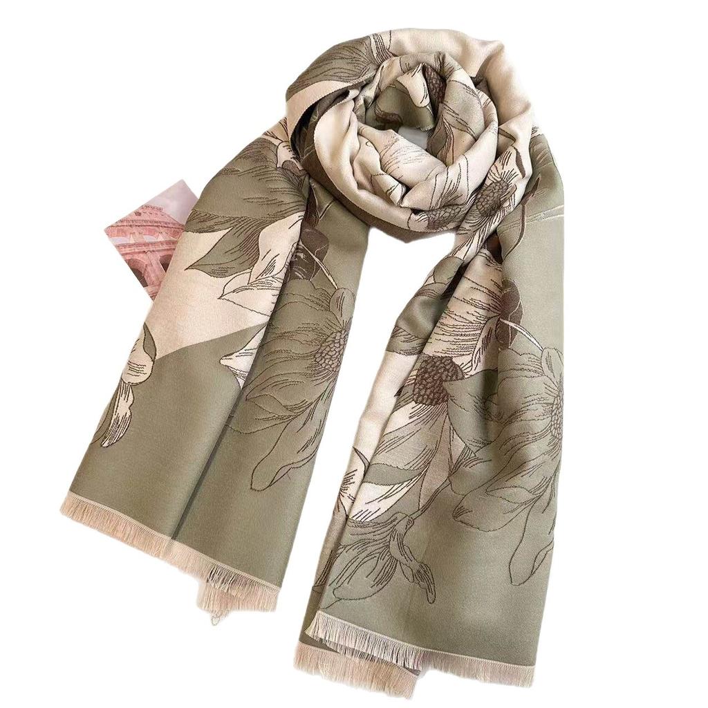 Retro Contrasting Color Flower Pattern Scarf Autumn and Winter Thickened Imitation Cashmere Air-conditioned Room Warm Dual-purpose Shawl Jacquard