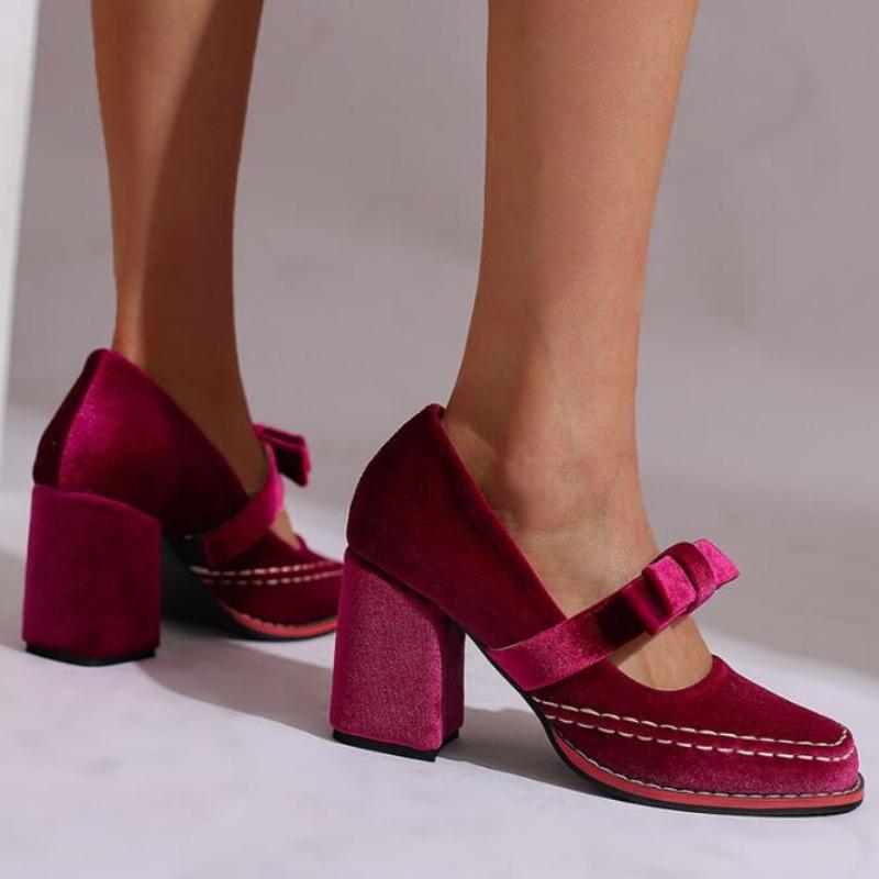 Large Size 43 Sexy High Heels Shoes for Women Butterfly Knot Chunky Platform Pumps Woman Black Flock Square Heel Party Shoes