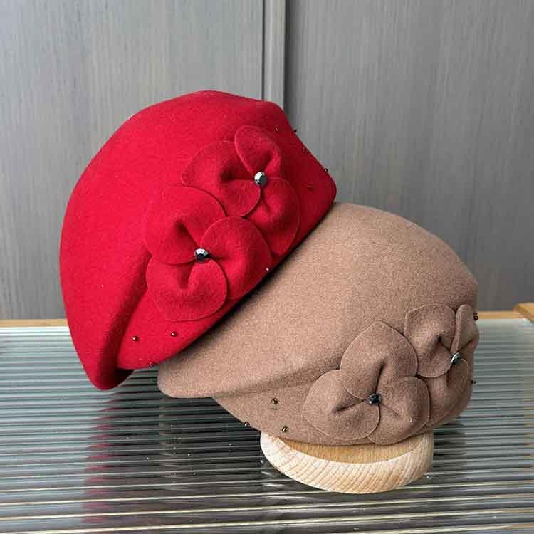 Ladies Autumn and Winter Elegant Flower Woolen Duck Tongue Beret Temperament Stewardess Hat Fashion Styling Top Hat