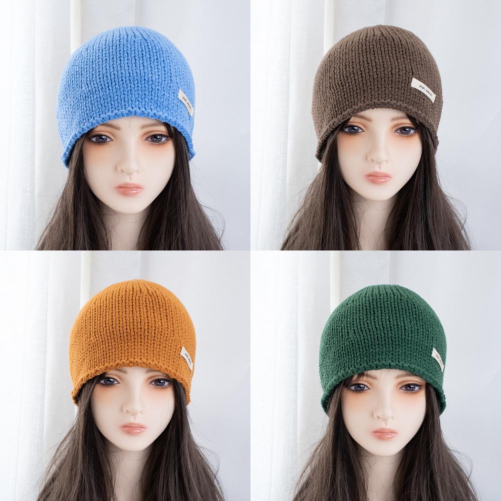 Simple solid color knitted bag head stacking hat women's early autumn new plain and versatile big head circumference showing face small wool hat