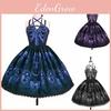 Elegant Medieval Renaissance Women Lolita Dress With Lace-up Braces And Skull Pattern