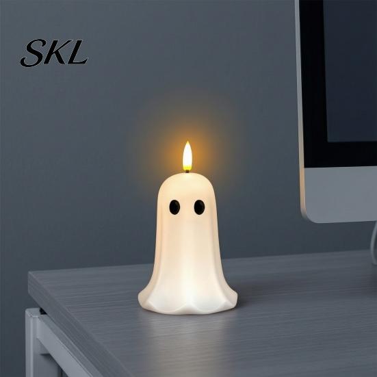 Indoor Festive Atmosphere Lamp Halloween Ghost Flameless Candles, Battery Operated LED Flickering Light, Real Themed Home Decorations Wax Cute