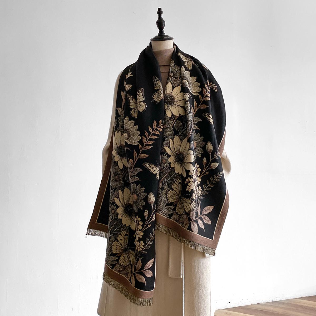 Ladies  Autumn Winter Premium Imitation Cashmere Scarf Shawl - Double Sided Jacquard With High End Flower Design